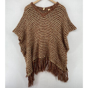 MOTH ANTHROPOLOGIE Sweater PONCHO OS Boho Crochet Oversized Tasseled Brown